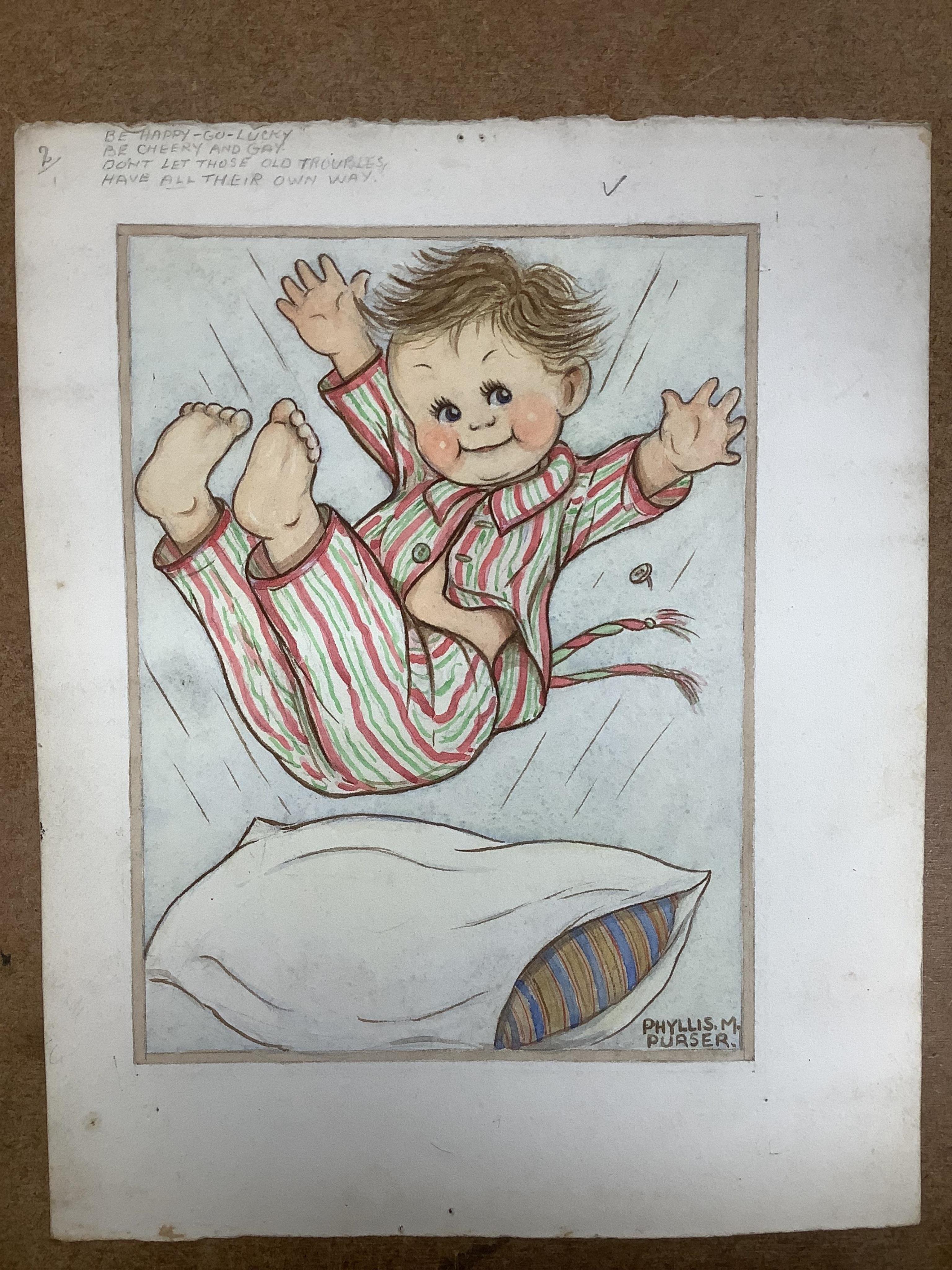 Phyllis Purser (1893-1990), six original watercolours on card for postcard designs, Humourous children, each signed, unframed, largest 39 x 28cm. Condition - fair, discolouration and creasing to the edges